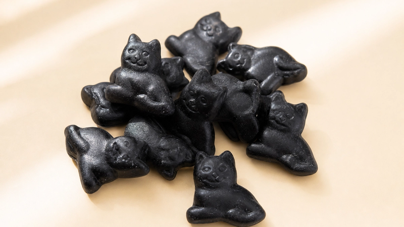 Cat-shaped black salty licorice candies