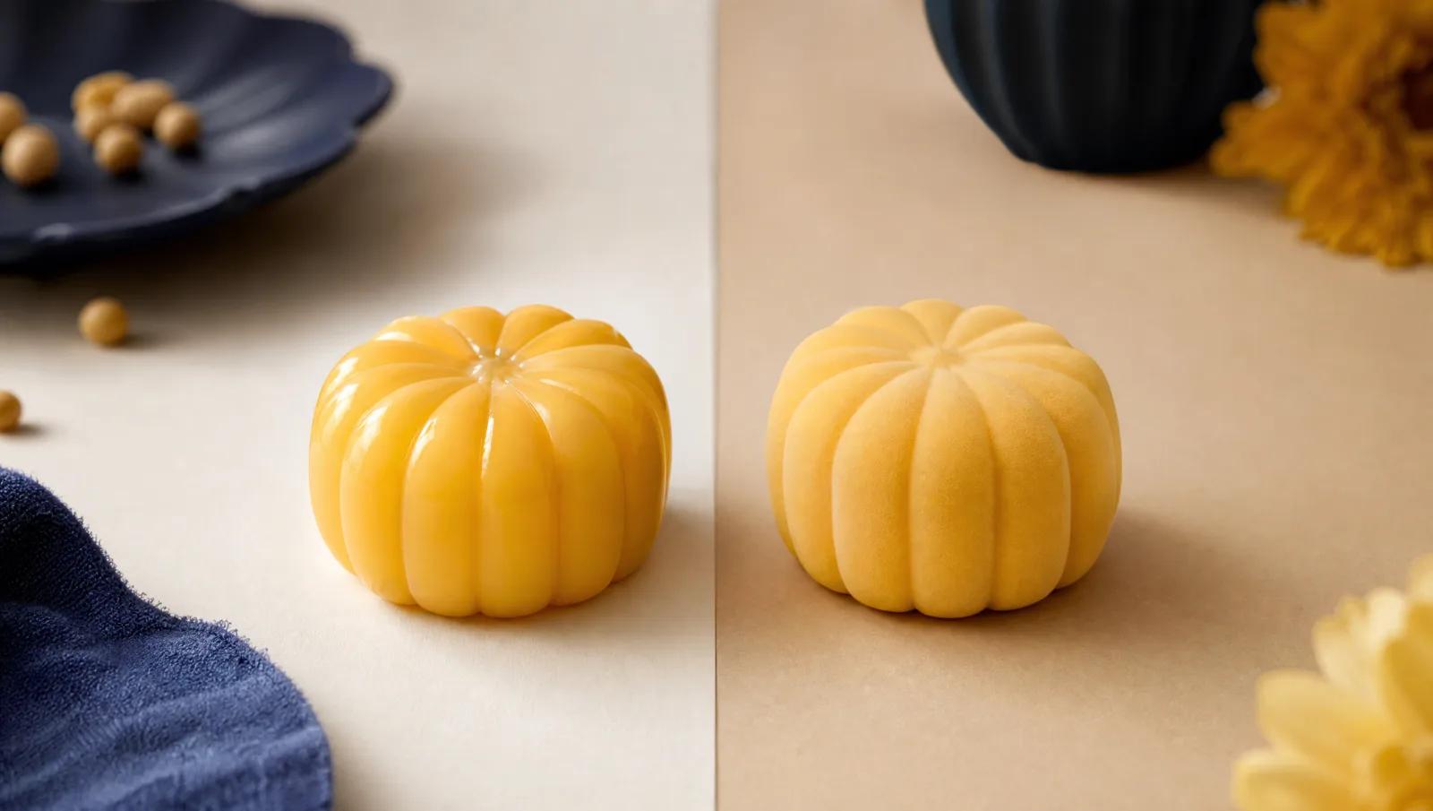 Two similar sweets side by side on a split cream surface, one glossy one matte, comparison framing.