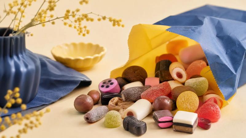 Blue and yellow paper bag tipped over with mixed Scandinavian sweets spilling out.