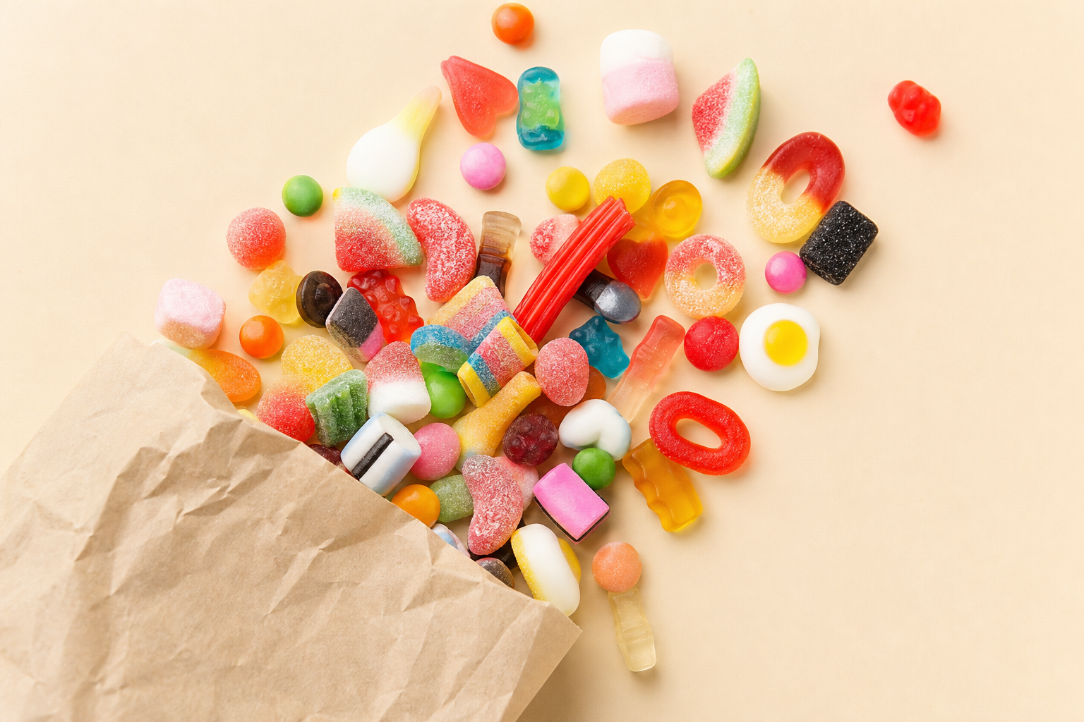 A paper bag of mixed pick-and-mix candy