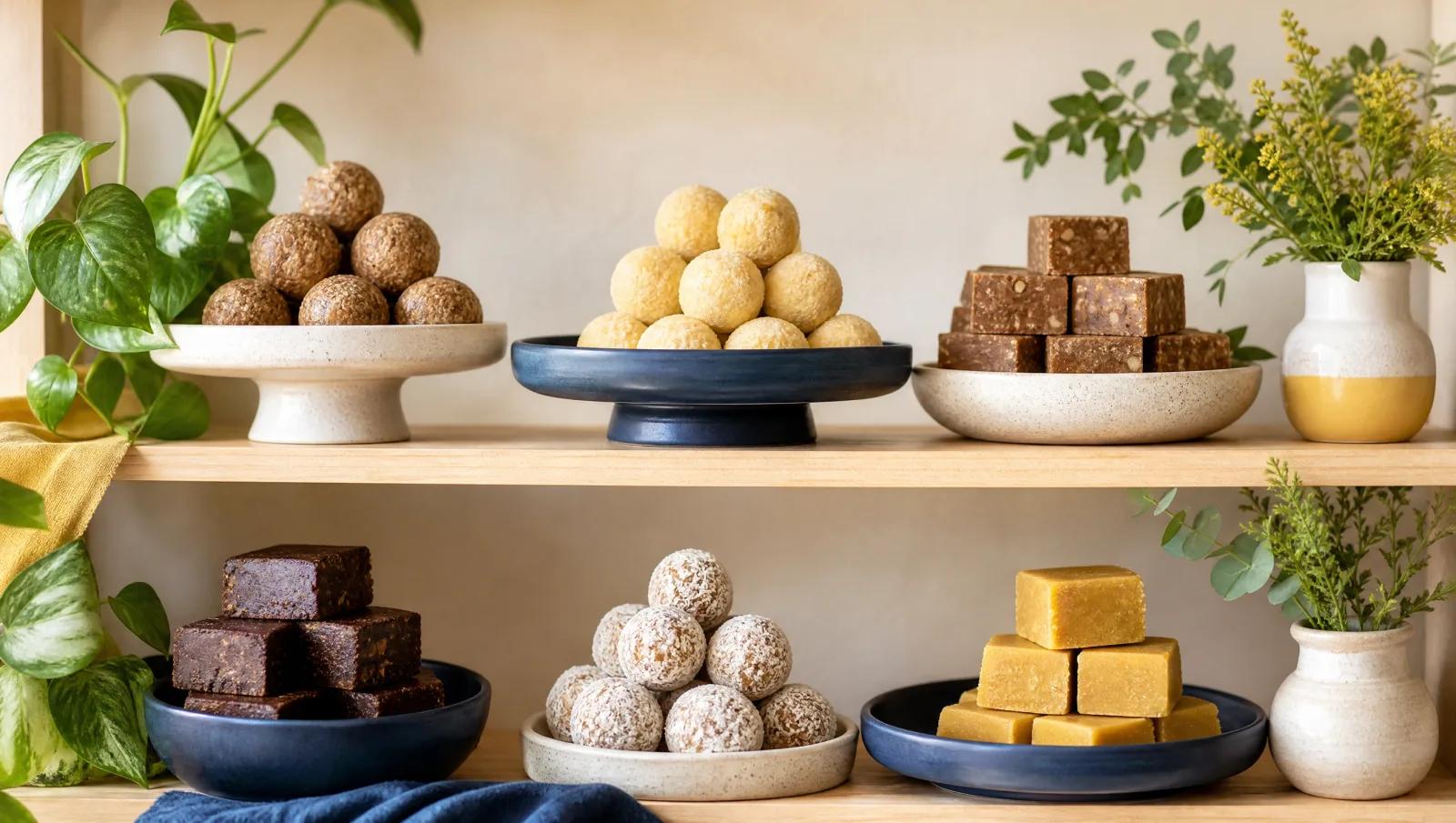 Shelf section of plant-based sweets with fresh greenery accents, clean and bright.