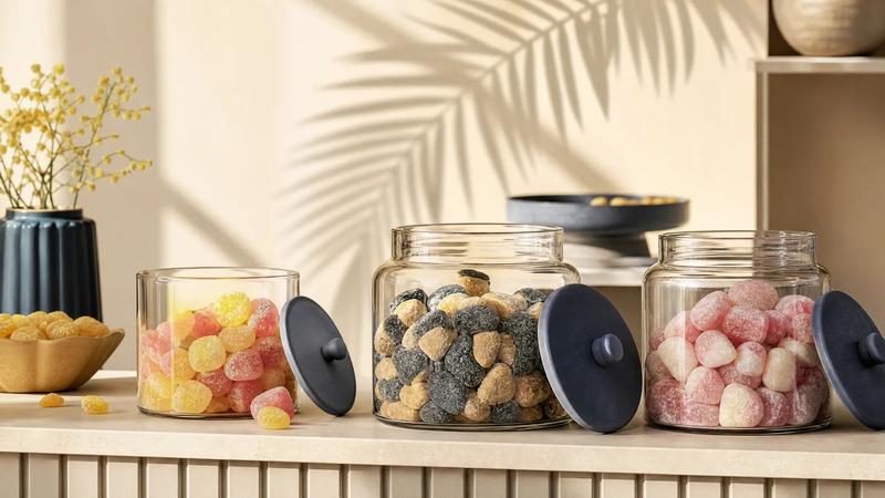 Sunlit shop counter with open jars of Scandinavian sweets and a palm shadow across cream wall.