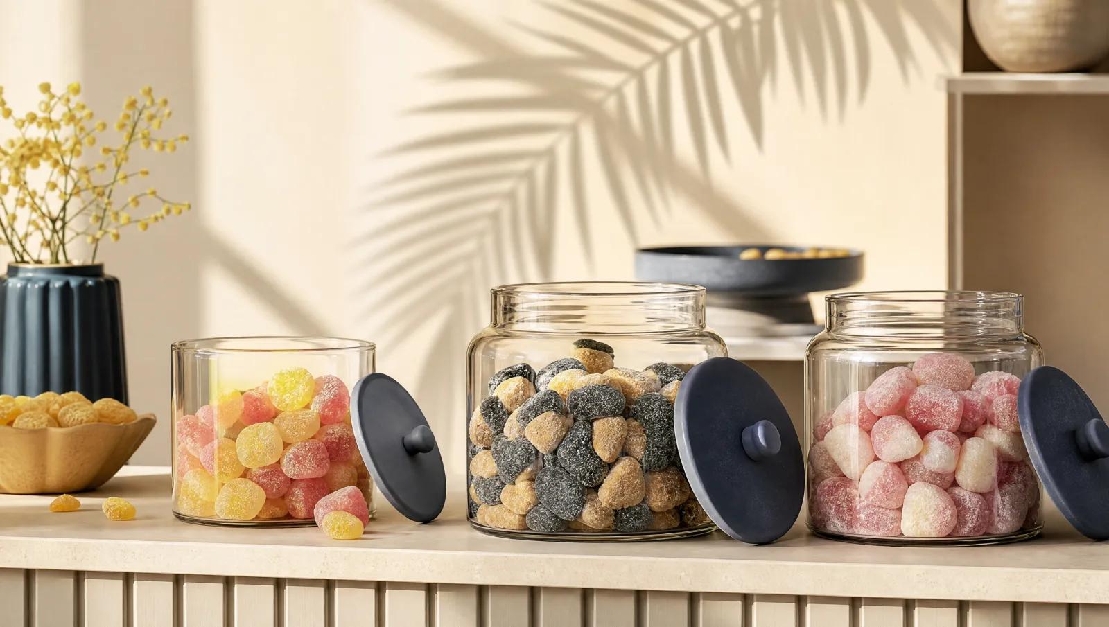 Sunlit shop counter with open jars of Scandinavian sweets and a palm shadow across cream wall.