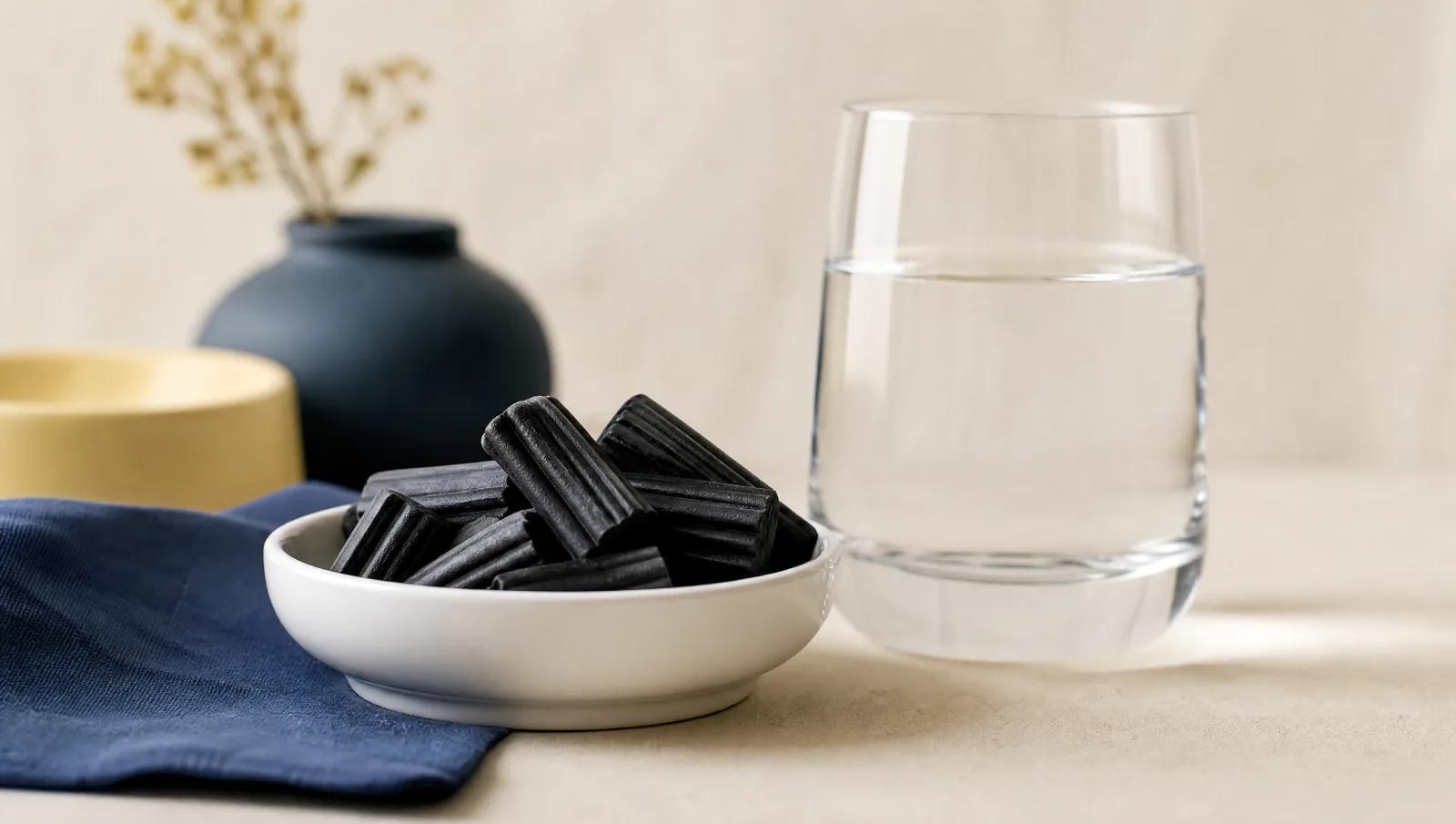 Matte black licorice pieces in a clean white dish beside a plain glass of water, minimal clinical styling.