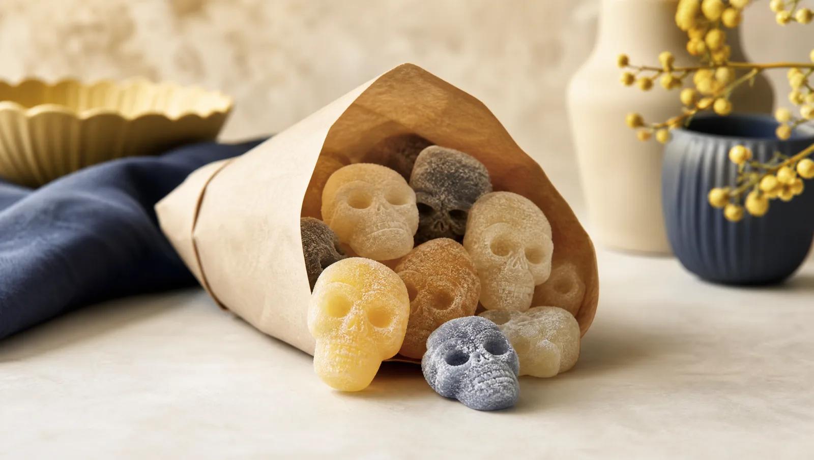 Paper scoop bag filled with sugared skull gummies resting on a cream counter.