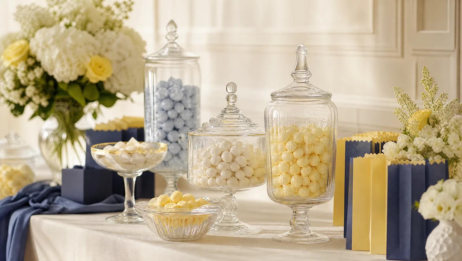 Elegant event candy table with glass apothecary jars of pastel sweets and small paper bags.