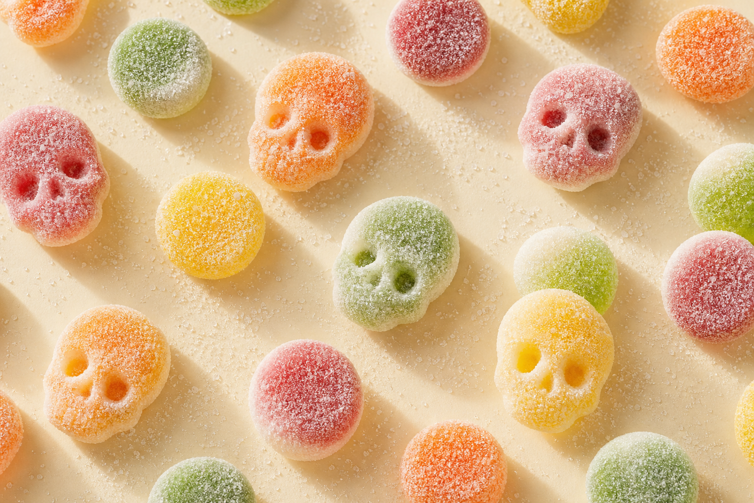 Colorful sour skull candies dusted with sour sugar