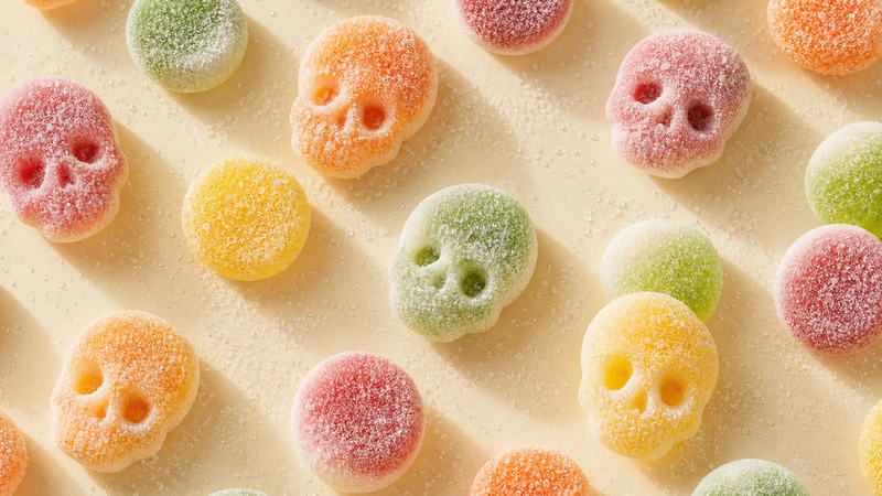 Colorful sour skull candies dusted with sour sugar