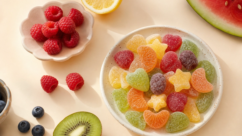 Colorful candy beside fresh fruit