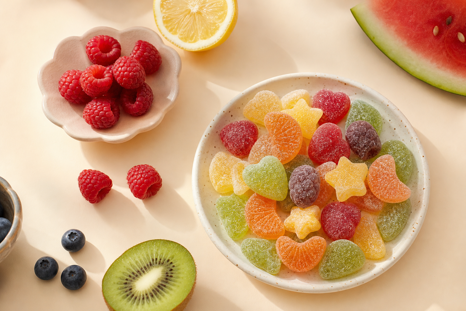 Colorful candy beside fresh fruit
