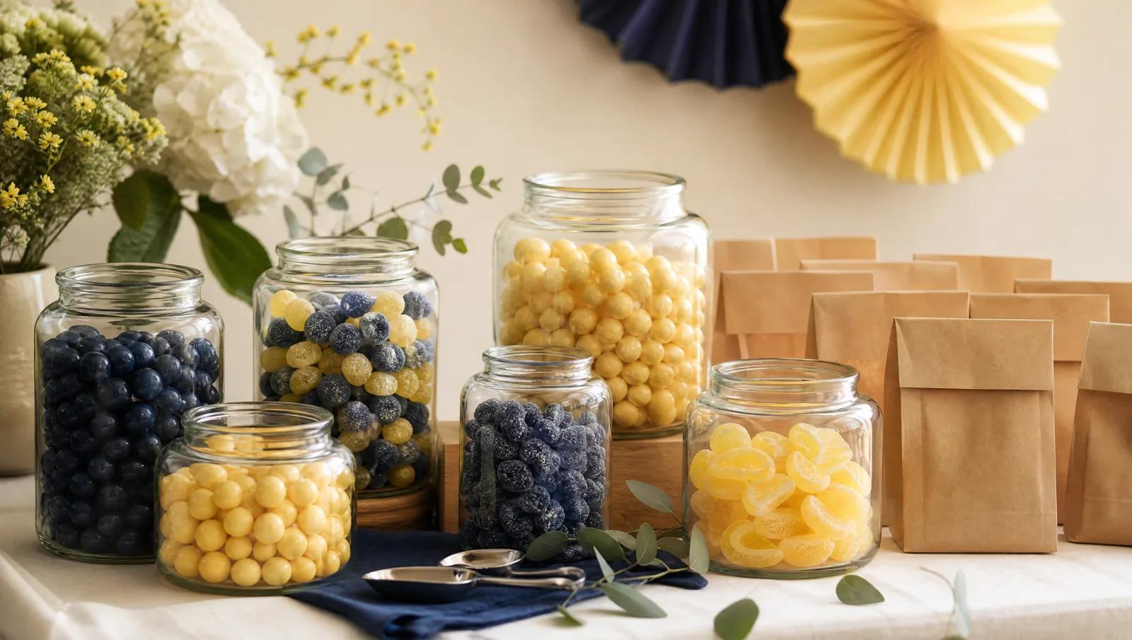 Simple candy buffet using plain glass jars and kraft bags, modest and tidy.