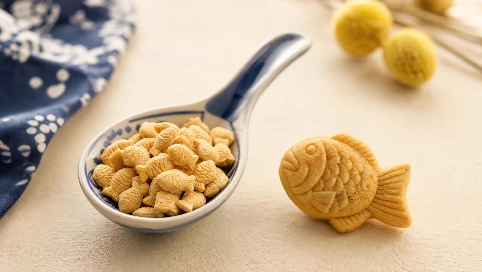 Tiny fish-shaped sweets heaped in a small spoon beside a full-size piece for scale.