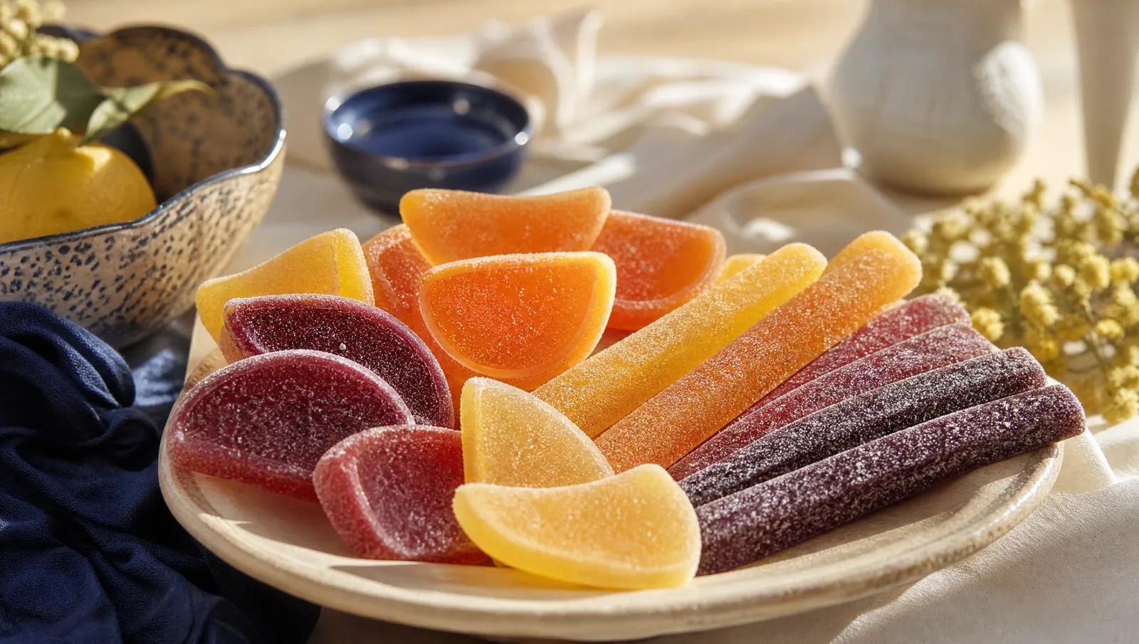 Oversized jelly slices and long chewy bars fanned across cream.