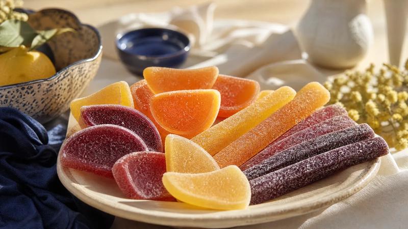Oversized jelly slices and long chewy bars fanned across cream.