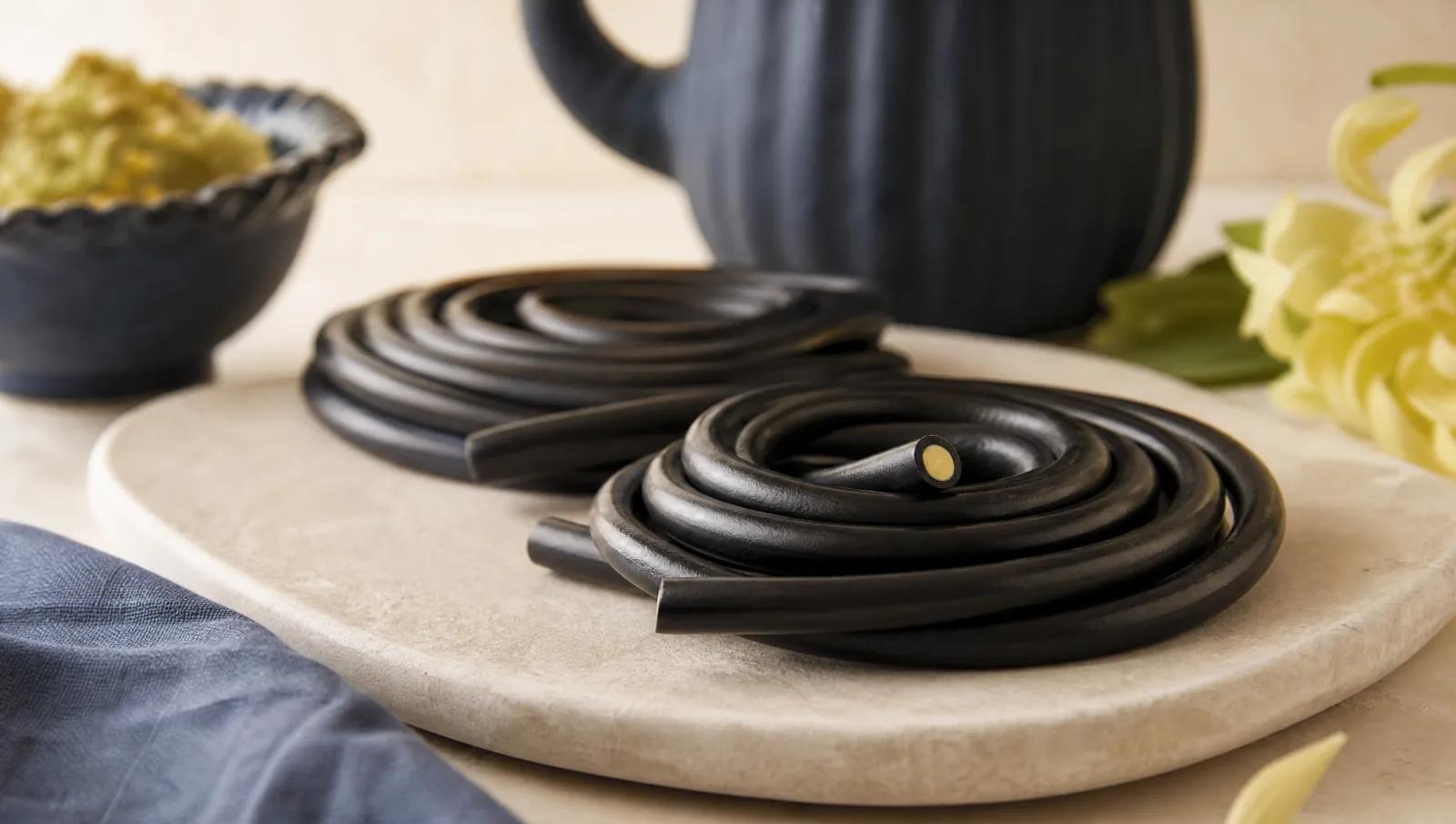 Long licorice ropes coiled into loose spirals, one cut to show a filled centre.