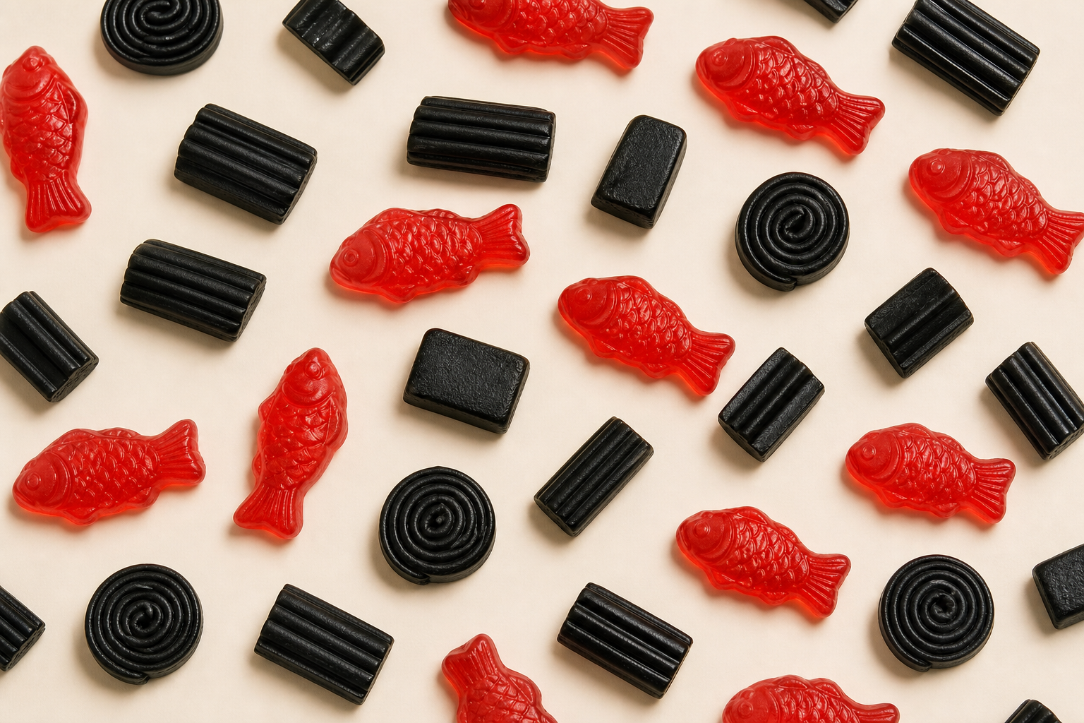 A mix of fish gummies and black licorice