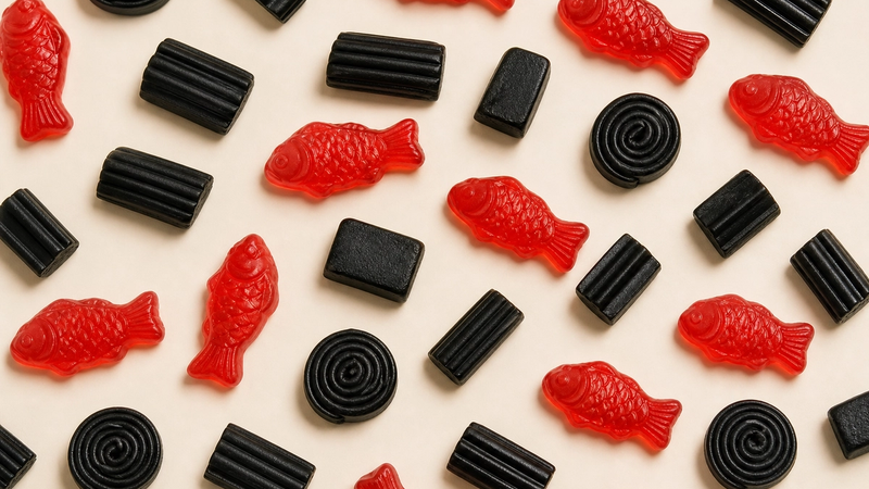 A mix of fish gummies and black licorice