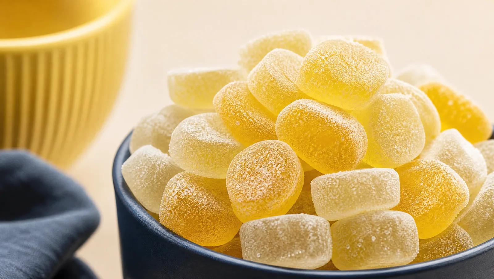 Heavily sanded sour sweets piled high, thick acid coating in macro.