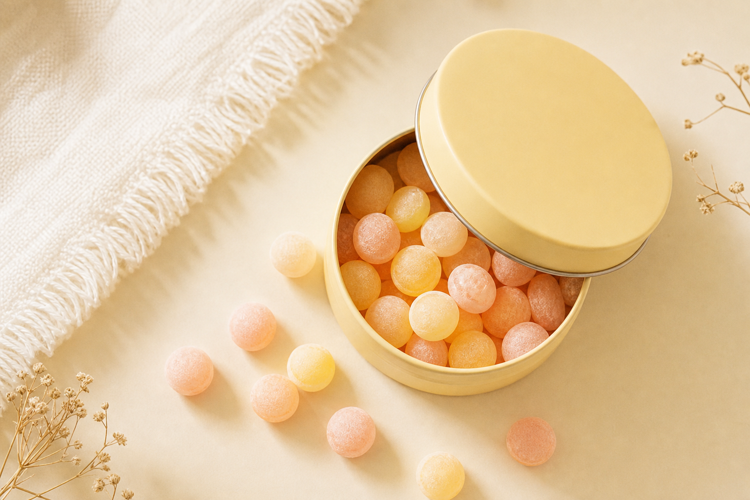 A pastille tin with small pastilles, Lakerol style