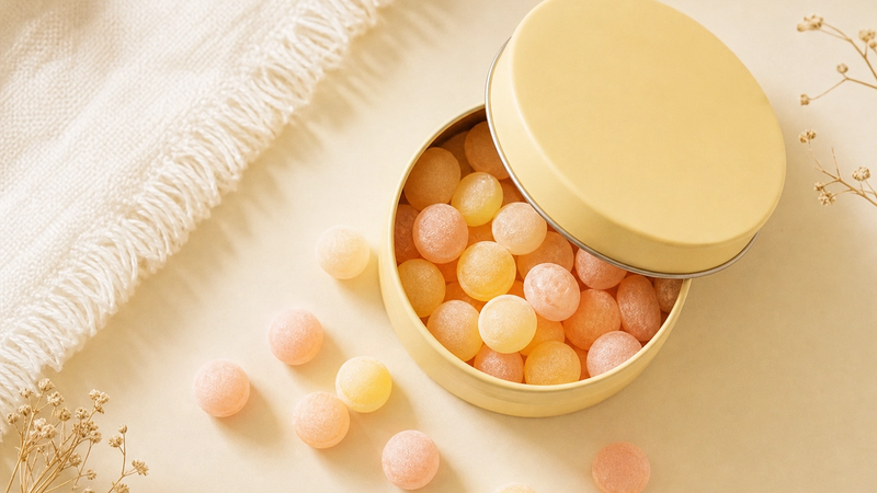 A pastille tin with small pastilles, Lakerol style