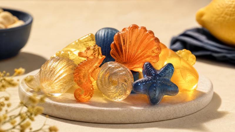 Translucent gummy sweets backlit on cream, showing their glassy interior.