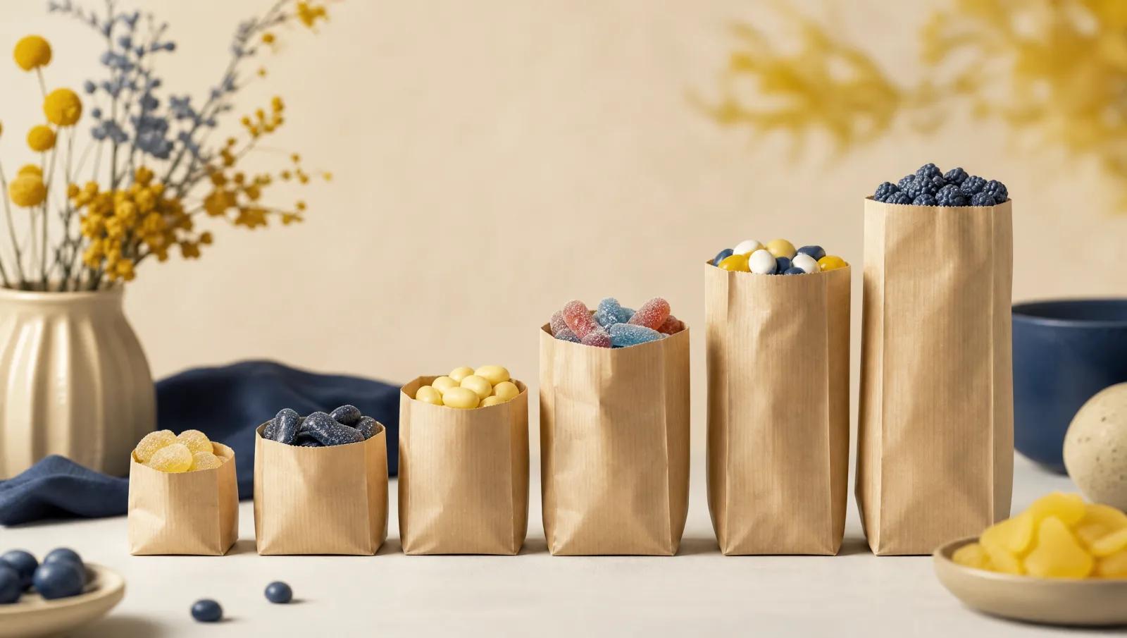 Small paper bags of pick-and-mix arranged in an ascending row like a bar chart.