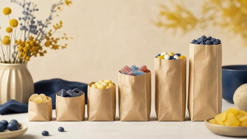 Small paper bags of pick-and-mix arranged in an ascending row like a bar chart.