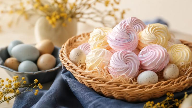 Pastel sweets in a shallow basket with a few plain speckled eggs.