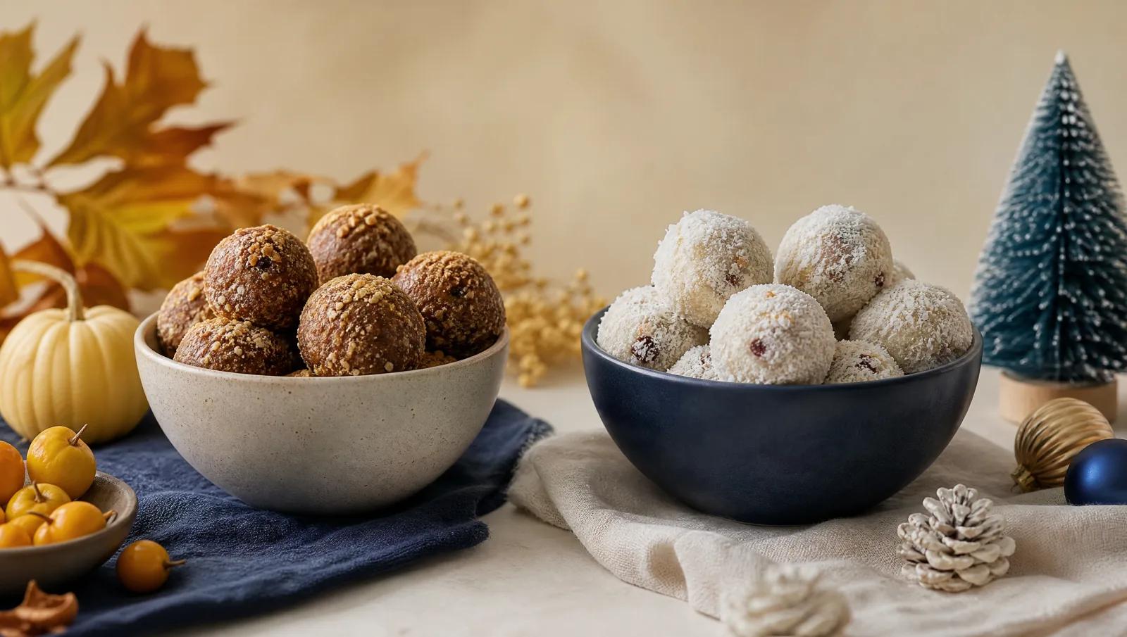 Two seasonal bowls of sweets side by side, one autumnal one wintry, restrained styling.