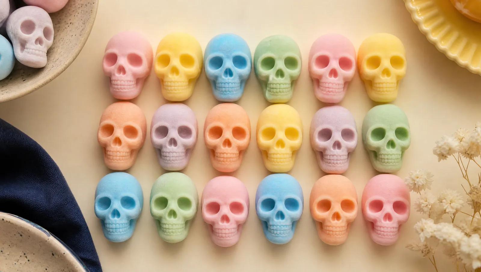 Rows of matte gum skull sweets in mixed pastel colours, overhead, tightly composed.