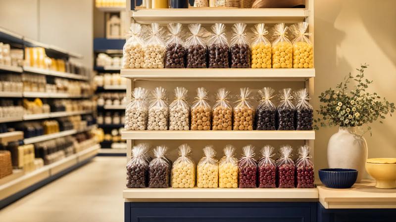 Grocery aisle end-cap with tidy rows of bagged sweets, soft supermarket light.
