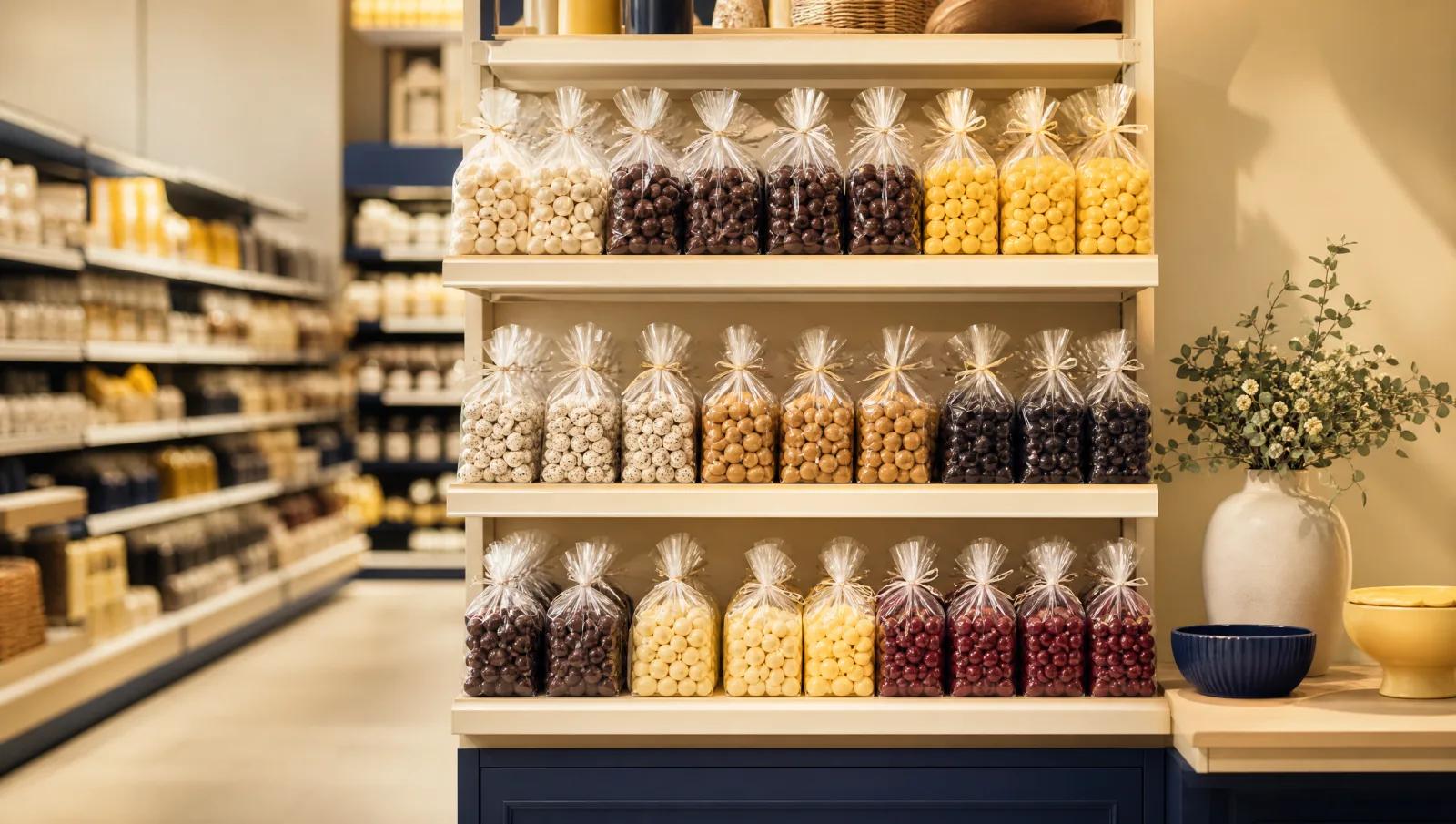 Grocery aisle end-cap with tidy rows of bagged sweets, soft supermarket light.
