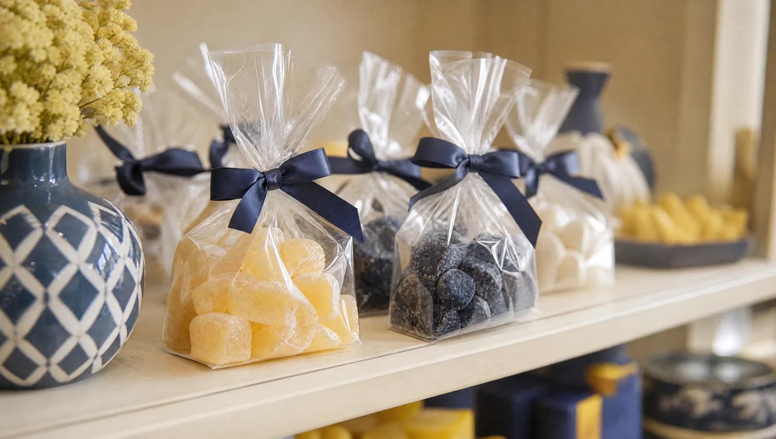 Gift-shop shelf with small cellophane bags of sweets tied with navy ribbon.