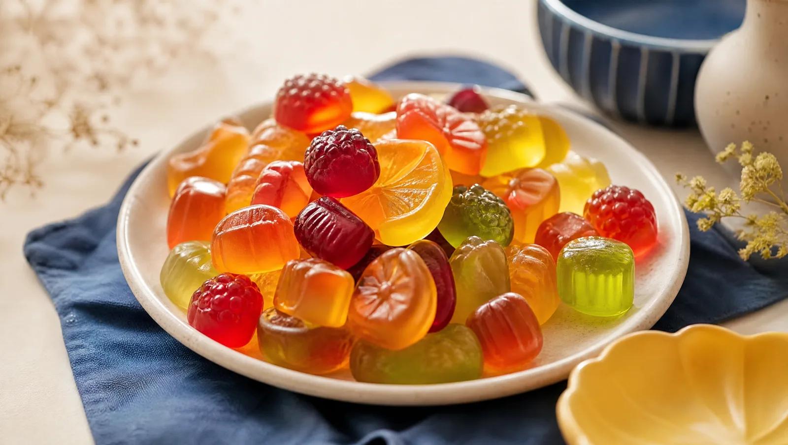 Glossy translucent gummy sweets in mixed shapes, backlit to show colour depth.