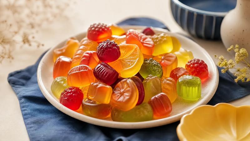 Glossy translucent gummy sweets in mixed shapes, backlit to show colour depth.