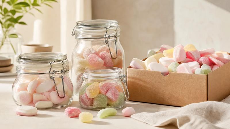 Sealed glass jars and a plain carton of pastel sweets, calm minimal composition.