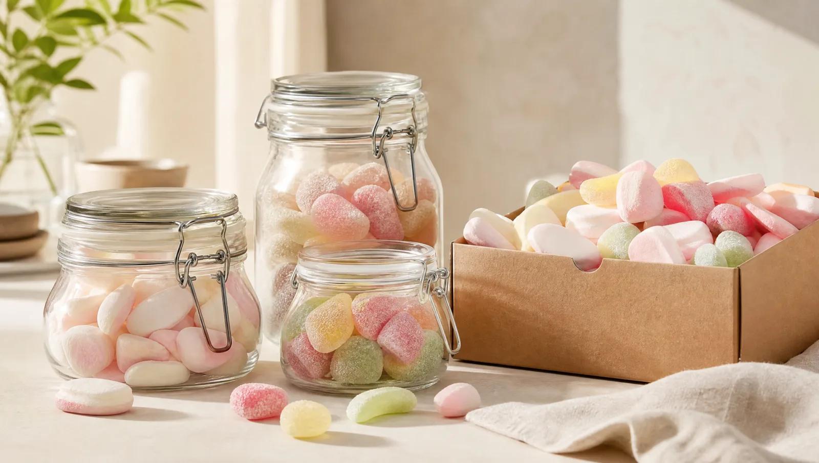 Sealed glass jars and a plain carton of pastel sweets, calm minimal composition.