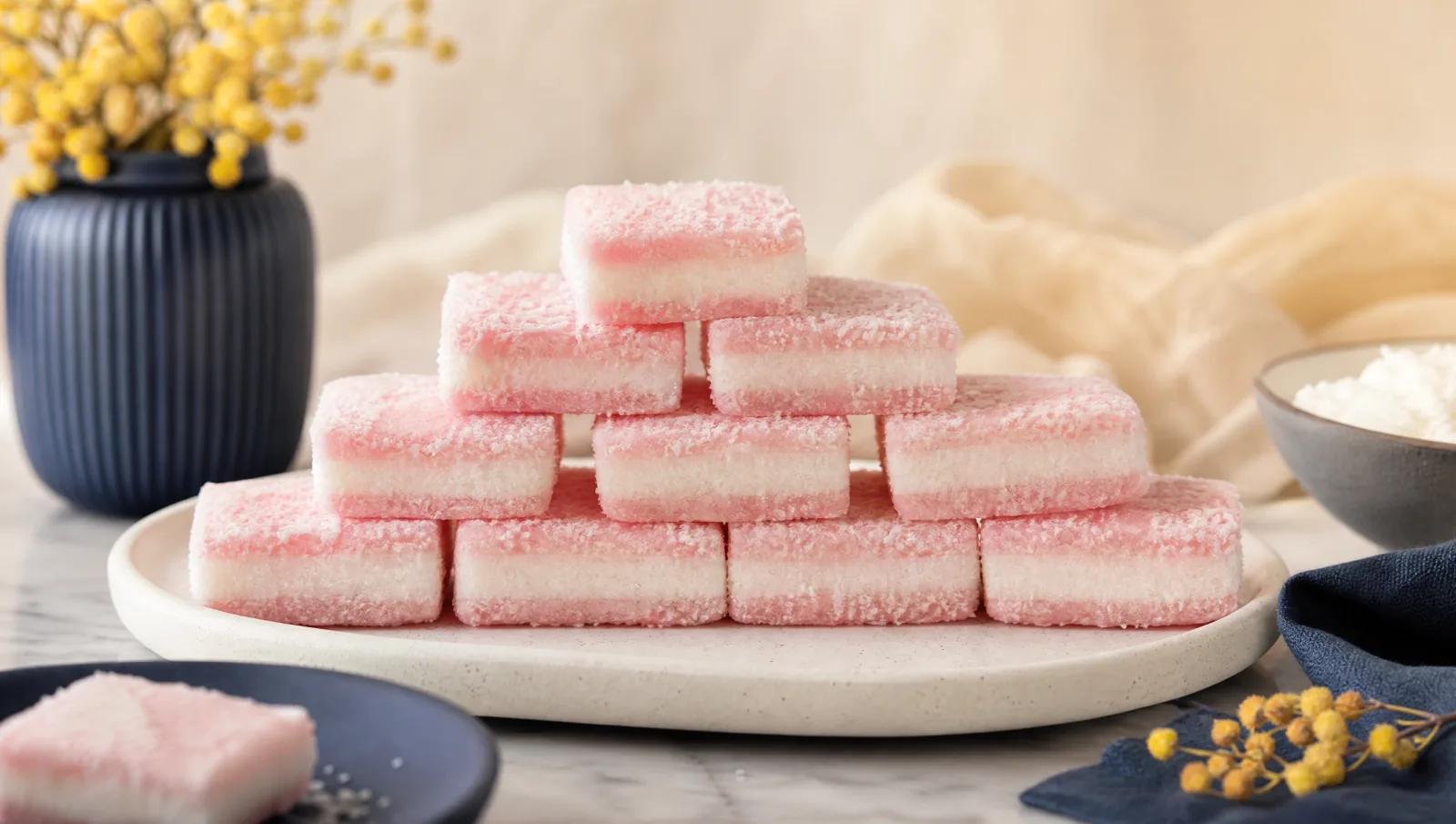 Pastel pink and white layered coconut licorice squares stacked in neat rows.