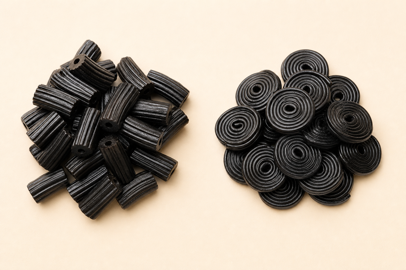 Two styles of black licorice side by side