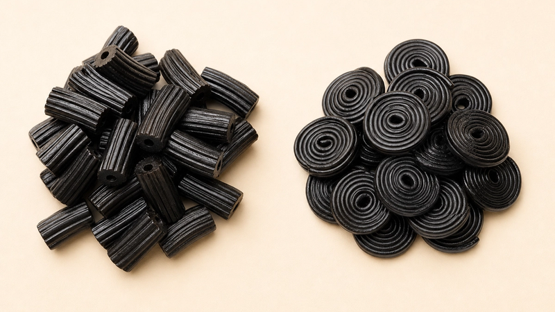 Two styles of black licorice side by side