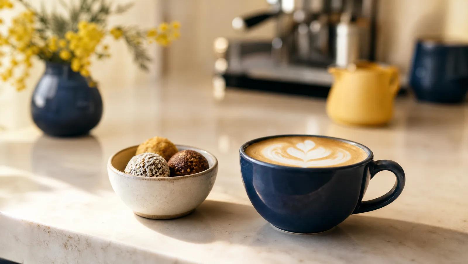 Small bowl of sweets beside a flat white on a cafe counter, warm morning light.