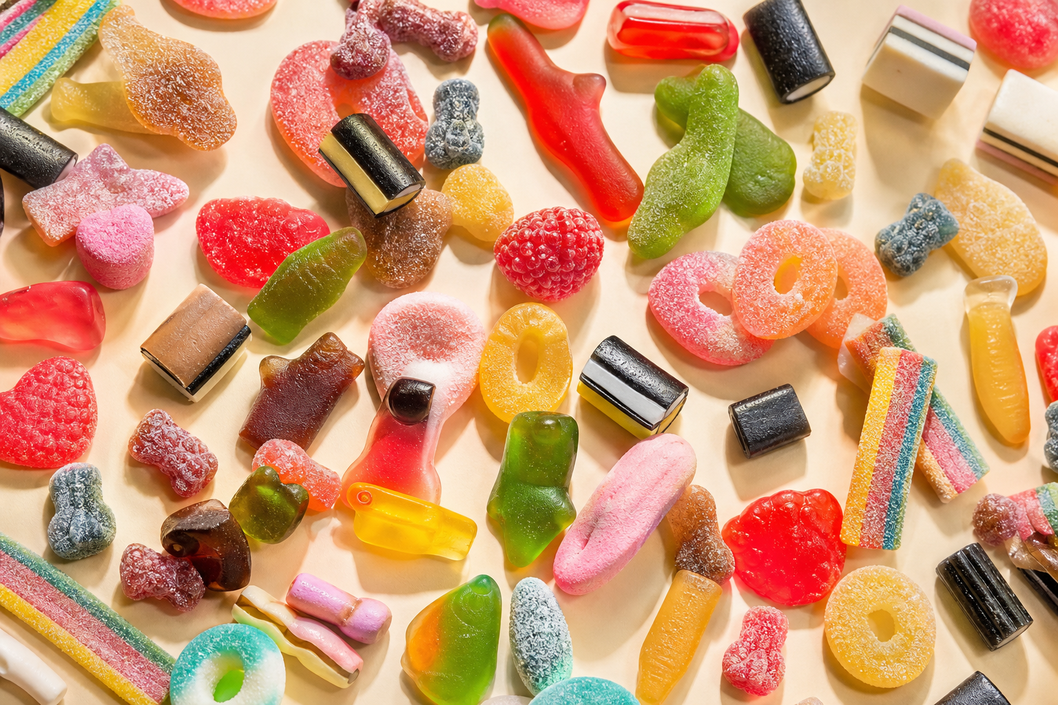 An overhead spread of colorful Swedish candy