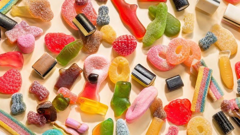 An overhead spread of colorful Swedish candy