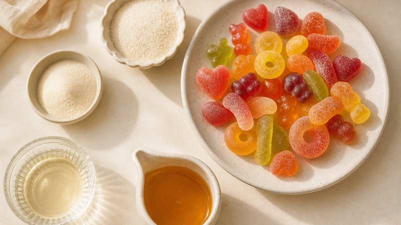 Gummy candies beside simple candy ingredients