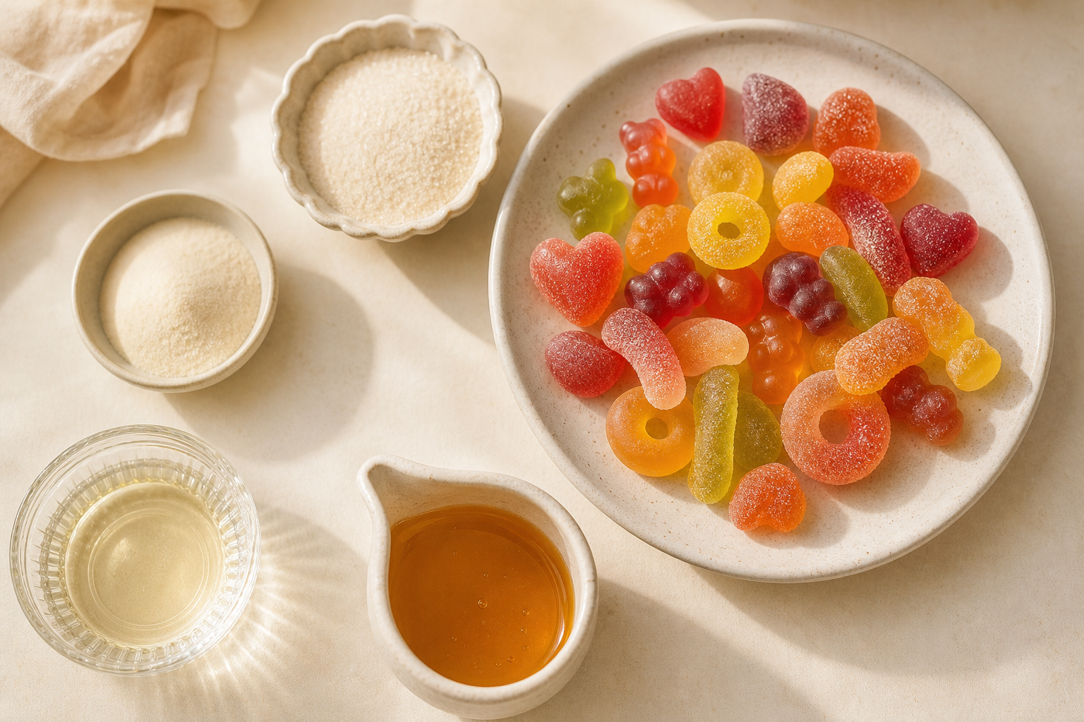 Gummy candies beside simple candy ingredients