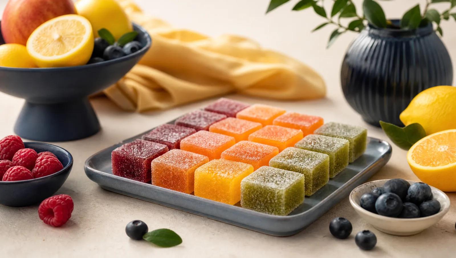 Sugar-coated fruit jelly squares in bright colours with fresh fruit alongside.