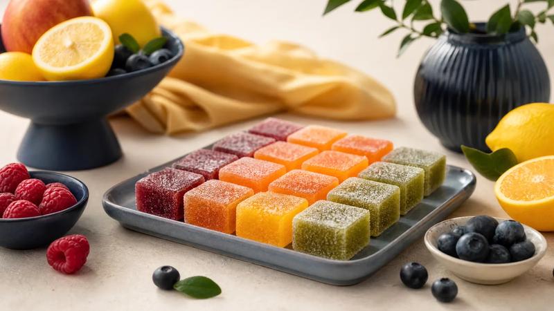 Sugar-coated fruit jelly squares in bright colours with fresh fruit alongside.