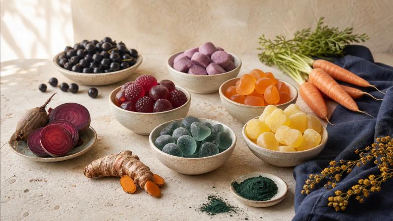 Dishes of naturally colored gummies beside beetroot, turmeric, carrots, blackcurrants and spirulina powder.