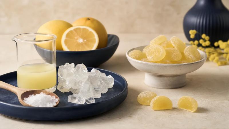 Acid crystals and citrus fruit beside sour sweets, ingredient to product.