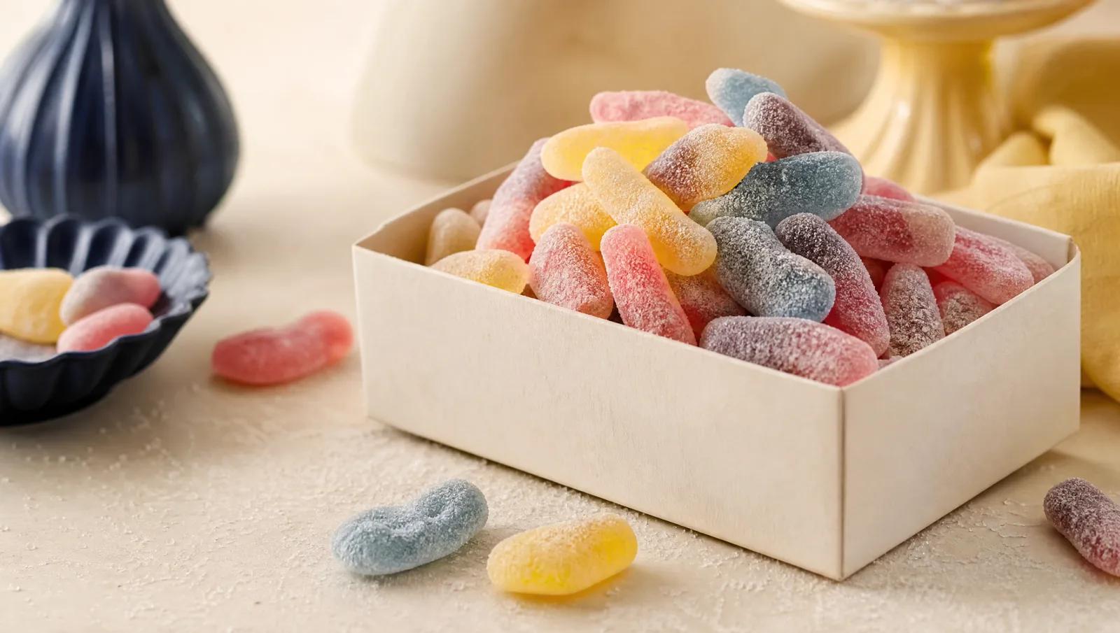 Sugar-dusted sour sweets heaped in a plain carton, sugar scattered around it.